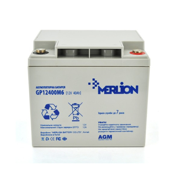 Акумуляторна батарея MERLION AGM GP12400M6 12V 40Ah для ДБЖ та систем відеоспостереження 196x165x175 мм 11.9 кг Grey Акумуляторна батарея MERLION AGM GP12400M6 12V 40Ah для ДБЖ та систем відеоспостереження 196x165x175 мм 11.9 кг Grey