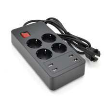 Сетевой фильтр на 4 розетки и 4 USB выхода 5V-2.4A с защитой и индикатором, 16A, 250V/4000W для дома и офиса, черный цвет