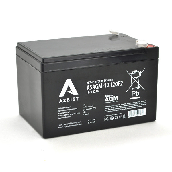 Акумулятор Super AGM ASAGM-12120F2 12V 12.0Ah для систем безпеки, чорний корпус, компактний розмір 151х98х95мм, оптимальний для відеоспостереження та домофонів
