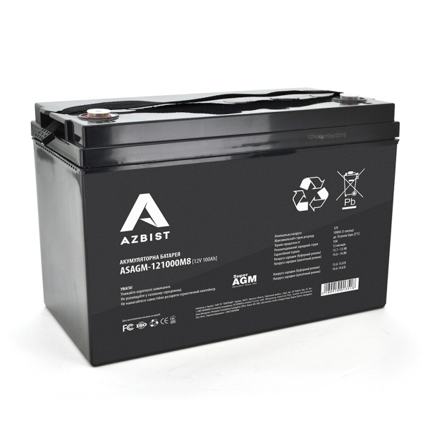 Акумулятор AGM 12V 100Ah ASAGM-121000M8 для резервних систем живлення, чорний, компактний 329 x 172 x 215 мм Акумулятор AGM 12V 100Ah ASAGM-121000M8 для резервних систем живлення, чорний, компактний 329 x 172 x 215 мм