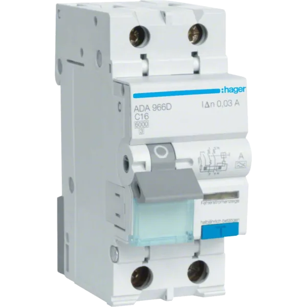 Дифавтомат 1P+N, 6kA, C-16A, 30mA, A Hager ADA966D Дифавтомат 1P+N, 6kA, C-16A, 30mA, A Hager ADA966D