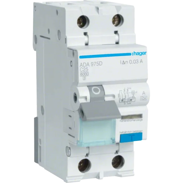 Дифавтомат 1P+N, 6kA, C-25A, 30mA, A Hager ADA975D Дифавтомат 1P+N, 6kA, C-25A, 30mA, A Hager ADA975D