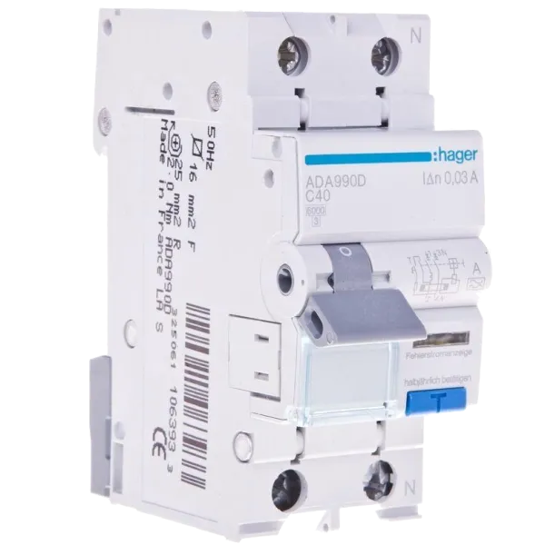 Дифавтомат 1P+N, 6kA, C-40A, 30mA, A Hager ADA990D Дифавтомат 1P+N, 6kA, C-40A, 30mA, A Hager ADA990D