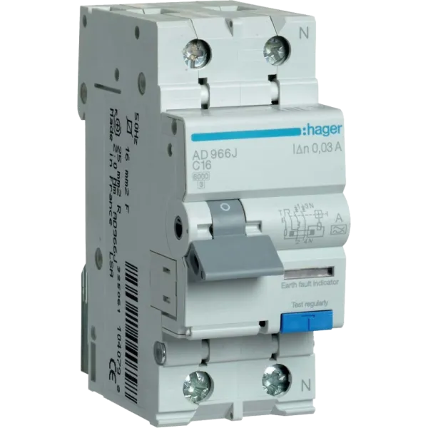 Дифавтомат Hager 1+N С16/30mA 6кА, тип-A AD966J Дифавтомат Hager 1+N С16/30mA 6кА, тип-A AD966J