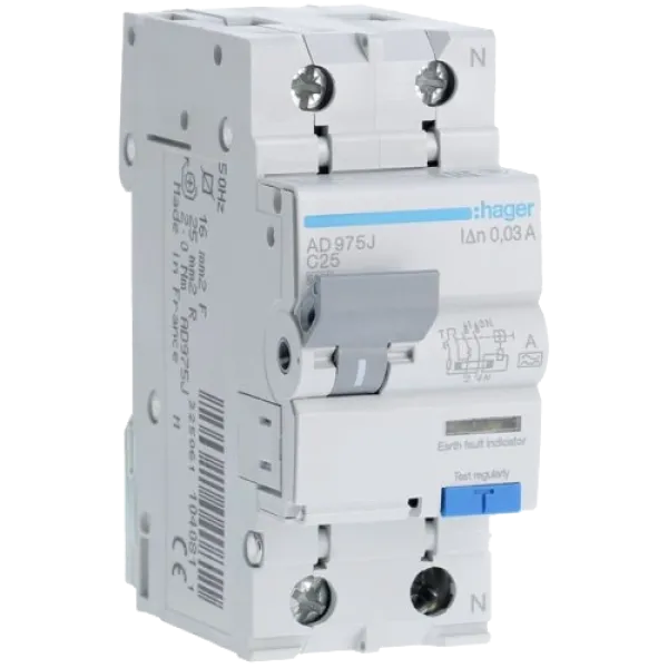 Дифавтомат Hager 1+N С25/30mA 6кА, тип-A AD975J Дифавтомат Hager 1+N С25/30mA 6кА, тип-A AD975J