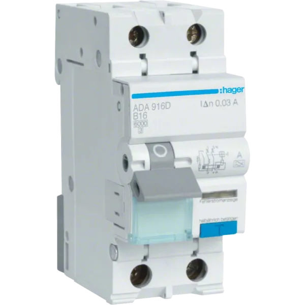 Дифавтомат 1P+N, 6kA, B-16A, 30mA, A Hager ADA916D Дифавтомат 1P+N, 6kA, B-16A, 30mA, A Hager ADA916D