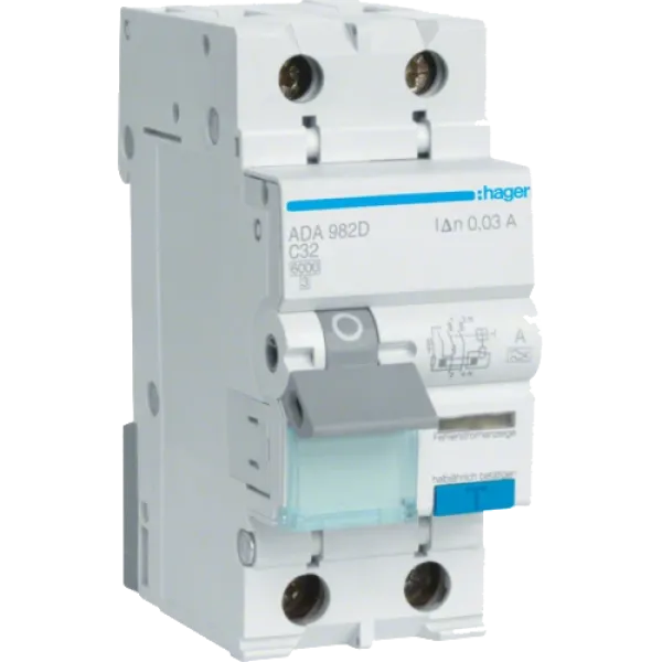 Дифавтомат 1P+N, 6kA, C-32A, 30mA, A Hager ADA982D Дифавтомат 1P+N, 6kA, C-32A, 30mA, A Hager ADA982D