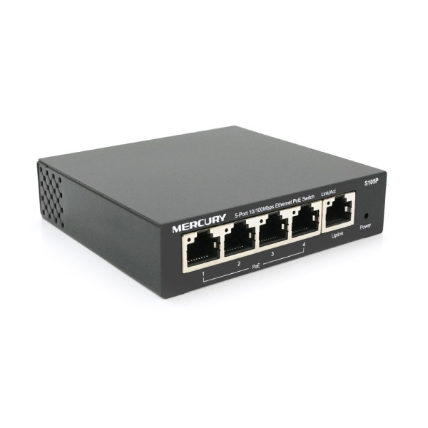 Комутатор POE 48V Mercury S105P мережевий 5 портів 10/100 Мбіт/с з блоком живлення для IP‑камер і Wi‑Fi точок