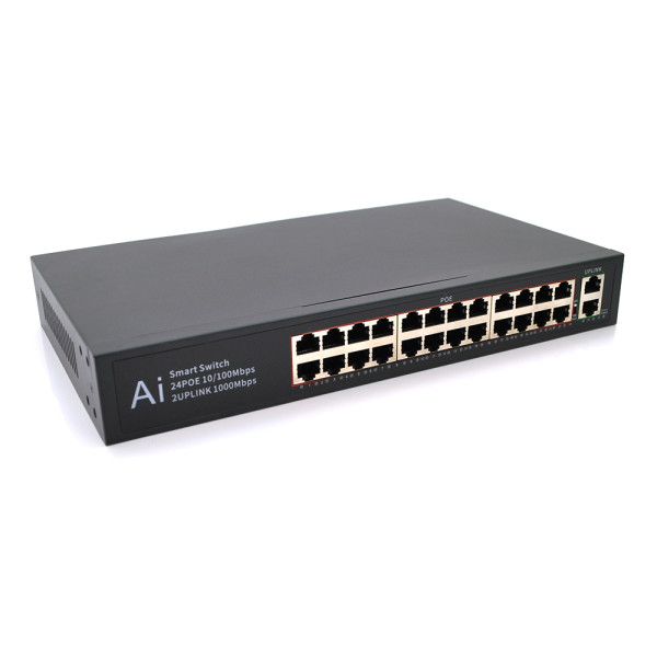 POE комутатор MERLION 24 порти 10/100 + 2 RJ45 10/100/1000 з вбудованим БЖ 52V 5.8A для систем відеоспостереження та IP-телефонії POE комутатор MERLION 24 порти 10/100 + 2 RJ45 10/100/1000 з вбудованим БЖ 52V 5.8A для систем відеоспостереження та IP-телефонії