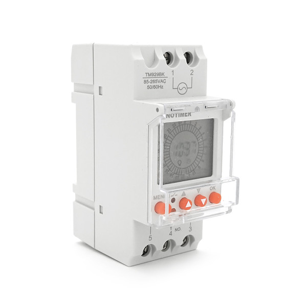 Реле часу Sinotimer TM929BK для автоматизації електросистем, 24 години, програмоване, на DIN-рейку, з LCD-дисплеєм, 30А, 85-265V, компактні розміри 87х65х35 мм