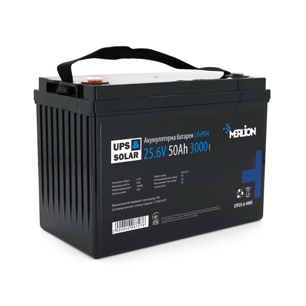 Літій-залізо-фосфатний акумулятор Merlion LiFePO4 25.6V 50AH для сонячних електростанцій та безперебійного живлення, 3000 циклів, 330x173x216 мм Літій-залізо-фосфатний акумулятор Merlion LiFePO4 25.6V 50AH для сонячних електростанцій та безперебійного живлення, 3000 циклів, 330x173x216 мм