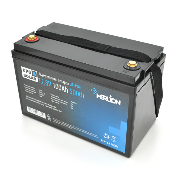 Літій-залізо-фосфатний акумулятор Merlion LiFePO4 12.8V 100AH,(4S1P/BMS-50A),(330x173x220), до 5000 циклів Літій-залізо-фосфатний акумулятор Merlion LiFePO4 12.8V 100AH,(4S1P/BMS-50A),(330x173x220), до 5000 циклів