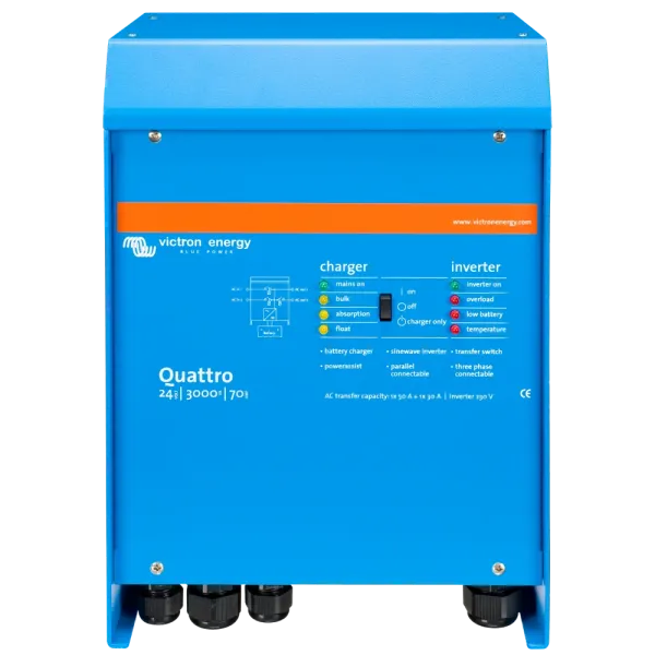 Инвертор 24 В VictronEnergy Quattro 3000/70-50/50 однофазный для резервного электропитания с чистой синусоидой и зарядки аккумуляторов 70 А Инвертор 24 В VictronEnergy Quattro 3000/70-50/50 однофазный для резервного электропитания с чистой синусоидой и зарядки аккумуляторов 70 А