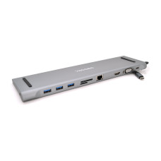 Хаб-конвертор VEGGIEG TC10 Type-C (тато) на Type-C (мама) + USB3.0 * 3 (мама) + HDMI (мама) + VGA (мама) + jack3.5 (мама) + SD / TF + RJ45, 10 см, Silver, Box
