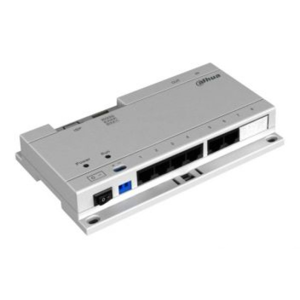 Passive PoE комутатор DH-VTNS1060A для домофонів, 6x RJ45 downlink порти, 2x RJ45 uplink порти, живлення DC 24В, розмір 179х107х30 мм