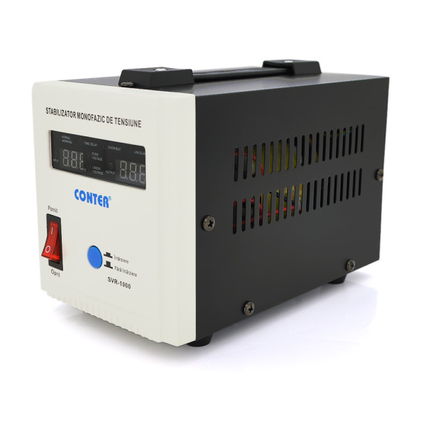 Стабілізатор напруги релейний Conter SVR-1000VA/750W однофазний для захисту електроприладів, напольний, LED дисплей, 2 розетки Shuko, 150-270 В Стабілізатор напруги релейний Conter SVR-1000VA/750W однофазний для захисту електроприладів, напольний, LED дисплей, 2 розетки Shuko, 150-270 В