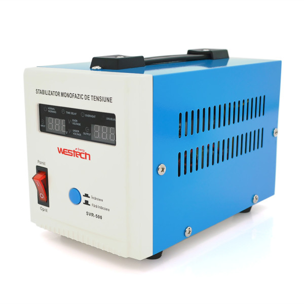 Стабілізатор напруги релейний Westech SVR-500VA/375W однофазний для побутових приладів, LED дисплей, вхід 150–270В, вихід 230В, 2 розетки Shuko Стабілізатор напруги релейний Westech SVR-500VA/375W однофазний для побутових приладів, LED дисплей, вхід 150–270В, вихід 230В, 2 розетки Shuko