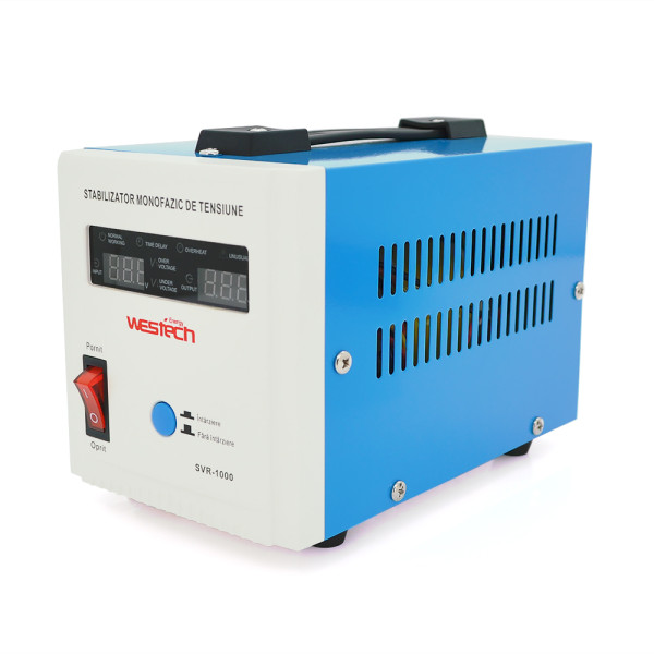 Стабілізатор напруги релейний Westech SVR-1000VA/750W однофазний, напольного монтажу, LED дисплей, діапазон 150-270V, AC230±8%, 2*Shuko, Q8 Стабілізатор напруги релейний Westech SVR-1000VA/750W однофазний, напольного монтажу, LED дисплей, діапазон 150-270V, AC230±8%, 2*Shuko, Q8