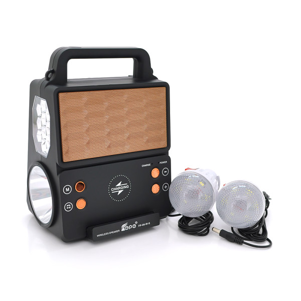 Переносной фонарь KENSA FP-05-W-S-L+Solar+FM+MP3+Bluetooth+AUX, 2 лампы дополнительного освещения, 2 режима, зарядка от 5V, батарея 2*18650, Box