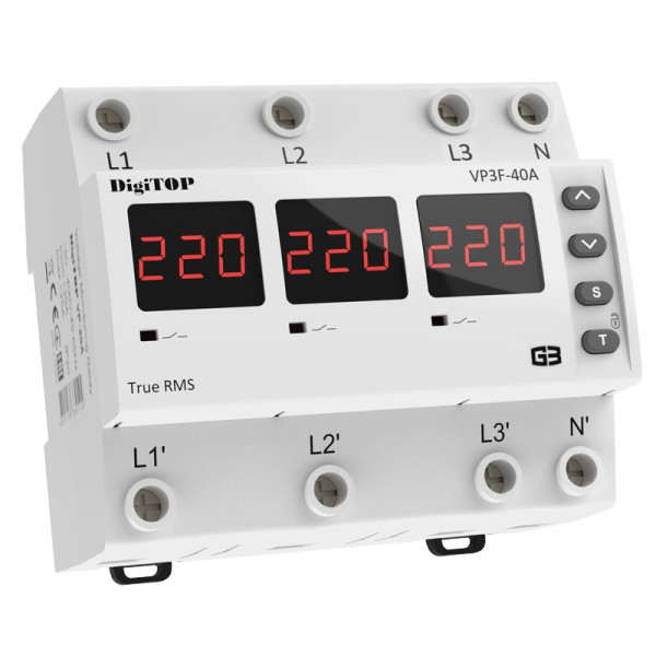 Реле напряжения двурежимное одно/трифазное VP-3F40А M6R на DIN-рейку, 3*40А, 3*8500Вт, 120-270В, шестимодульное с индикатором напряжения (Красный) Реле напряжения двурежимное одно/трифазное VP-3F40А M6R на DIN-рейку, 3*40А, 3*8500Вт, 120-270В, шестимодульное с индикатором напряжения (Красный)