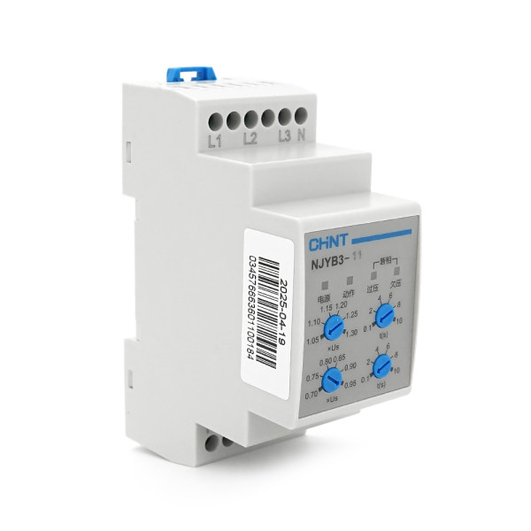 Реле контролю фаз CHINT NJYB3-11 AC220V, 1-2F4P, Захист U+(1,05~1,3)*Us/U-(0,7~0,95)*Us,Затримка 0,1~10с,Захист обриву фаз, Ue240/415V,Ie0.75/0.47, 1CO+1NO