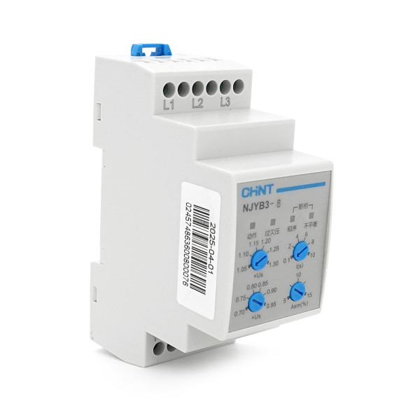 Реле контролю фаз CHINT NJYB3-8 AC380V, 3F3P, Захист U+(1,05~1,3)*Us/U-(0,7~0,95)*Us,Затримка 0,1~10с,Захист обриву/послідовності фаз/баланс5-15%,Ue2 Ie0.75/0.47, 1CO+1NO Реле контролю фаз CHINT NJYB3-8 AC380V, 3F3P, Захист U+(1,05~1,3)*Us/U-(0,7~0,95)*Us,Затримка 0,1~10с,Захист обриву/послідовності фаз/баланс5-15%,Ue2 Ie0.75/0.47, 1CO+1NO