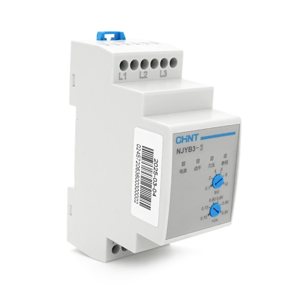 Реле контролю фаз CHINT NJYB3-3 AC380V, 3F3P, Захист U- (0,7~0,95) *Us, Затримка 0,1~10с, Захист обриву фаз, Ue240/415V, Ie0.75/0.47, 1CO+1NO
