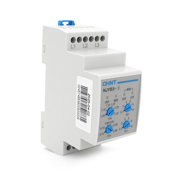 Реле контролю фаз CHINT NJYB3-5 AC380V, 3F3P, Захист U+(1,05~1,3)*Us/U-(0,7~0,95)*Us,Затримка 0,1~10с,Захист обриву/послідовності фаз, Ue240/415V,Ie0.75/0.47, 1CO+1NO