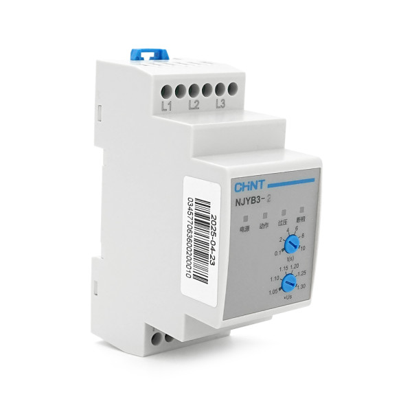 Реле контролю фаз CHINT NJYB3-2 AC380V, 3F3P, Захист U+ (1.05~1,3) *Us, Затримка 0,1~10с, Захист обриву фаз, Ue240/415V, Ie0.75/0.47, 1CO+1NO
