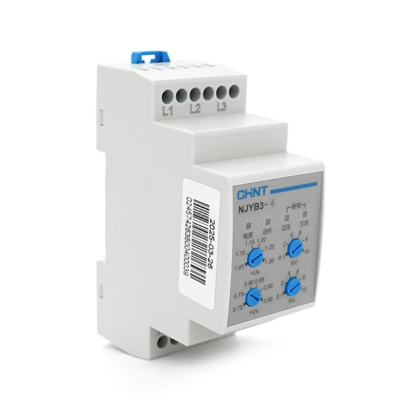 Реле контролю фаз CHINT NJYB3-4 AC380V, 3F3P, Захист U+(1,05~1,3)*Us/U-(0,7~0,95)*Us,Затримка 0,1~10с,Захист обриву/послідовності фаз/баланс20%, Ue740. 1CO+1NO