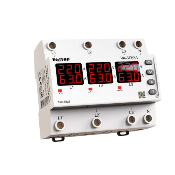 Реле напряжения и тока двурежимное одно/трифазное VА-3F63А M6R на DIN-рейку, 3*63А, 3*13500Вт, 120-270В, шестимодульное с индикатором напряжения (Красный) Реле напряжения и тока двурежимное одно/трифазное VА-3F63А M6R на DIN-рейку, 3*63А, 3*13500Вт, 120-270В, шестимодульное с индикатором напряжения (Красный)