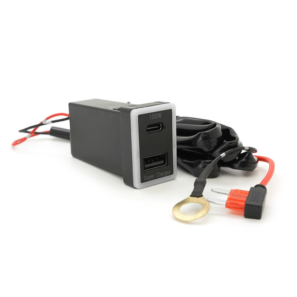 АЗУ врезное 130W-D01T03-Fuse для питания устройств с PD и QC, Type-C 100W, USB 30W, с LED подсветкой и комплектом проводов, черный, 33x22x58mm АЗУ врезное 130W-D01T03-Fuse для питания устройств с PD и QC, Type-C 100W, USB 30W, с LED подсветкой и комплектом проводов, черный, 33x22x58mm