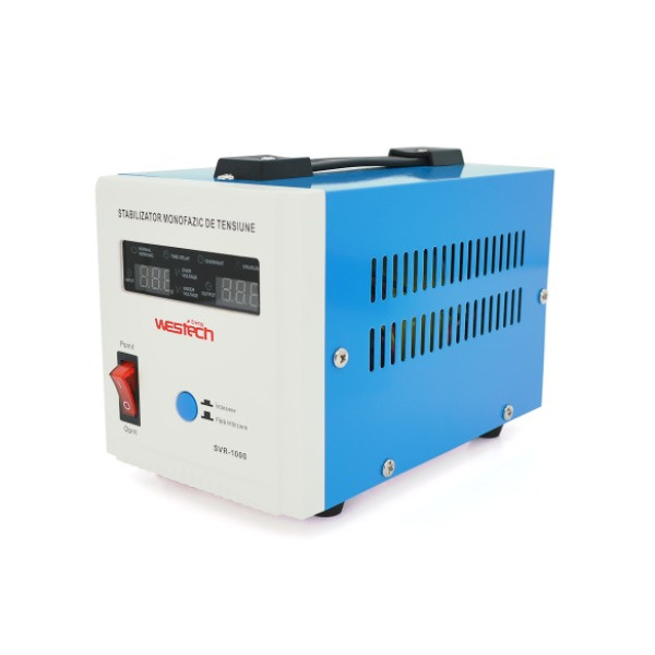 Стабілізатор напруги релейний Westech SVR-1000VA/750W однофазний для захисту побутової техніки, підлоговий, LED дисплей, 2 розетки Shuko Стабілізатор напруги релейний Westech SVR-1000VA/750W однофазний для захисту побутової техніки, підлоговий, LED дисплей, 2 розетки Shuko