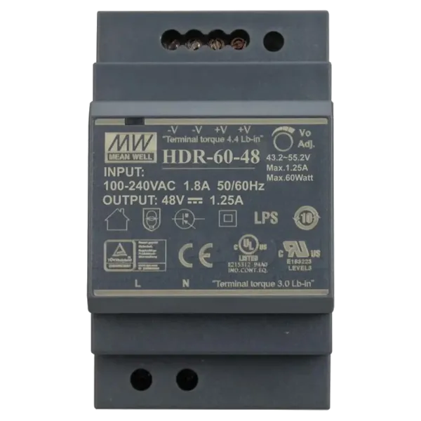 Блок живлення HDR-60-48 48В 1.25А 60Вт для монтажу на DIN рейку та електроживлення промислових систем Блок живлення HDR-60-48 48В 1.25А 60Вт для монтажу на DIN рейку та електроживлення промислових систем