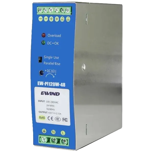 Блок живлення Ewind EW-PI120W-48 на DIN-рейку 120 Вт 48 В для систем безпеки з піковою потужністю до 180 Вт Блок живлення Ewind EW-PI120W-48 на DIN-рейку 120 Вт 48 В для систем безпеки з піковою потужністю до 180 Вт