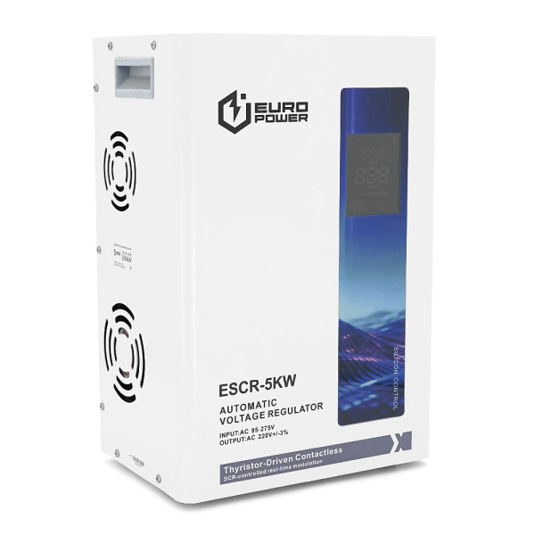 Стабилизатор напряжения тиристорный Europower ESCR-5KW LCD, 5000W, AC 95V-275V, 50Hz/60Hz, aluninum, ≤50dB, Fan, Power factor 100%, 14,8kg, Q1 Стабилизатор напряжения тиристорный Europower ESCR-5KW LCD, 5000W, AC 95V-275V, 50Hz/60Hz, aluninum, ≤50dB, Fan, Power factor 100%, 14,8kg, Q1