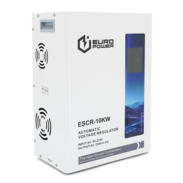 Стабилизатор напряжения тиристорный Europower ESCR-10KW LCD, 10000W, AC 95V-275V, 50Hz/60Hz, aluninum, ≤50dB, Fan, Power factor 100%, 22.5kg, Q1
