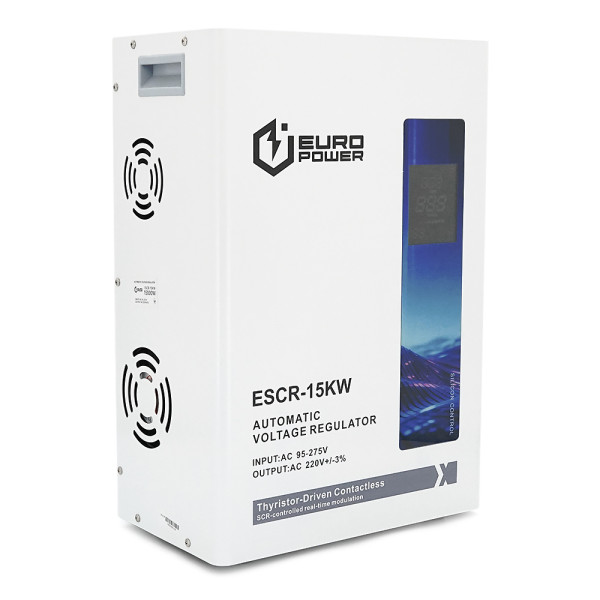 Стабилизатор напряжения тиристорный Europower ESCR-15KW LCD, 15000W, AC 95V-275V, 50Hz/60Hz, aluninum, ≤50dB, Fan, Power factor 100%, 30.5kg, Q1 Стабилизатор напряжения тиристорный Europower ESCR-15KW LCD, 15000W, AC 95V-275V, 50Hz/60Hz, aluninum, ≤50dB, Fan, Power factor 100%, 30.5kg, Q1