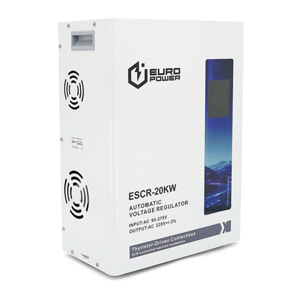 Стабилизатор напряжения тиристорный Europower ESCR-20KW LCD, 20000W, AC 95V-275V, 50Hz/60Hz, aluninum, ≤50dB, Fan, Power factor 100%, 34.3kg, Q1 Стабилизатор напряжения тиристорный Europower ESCR-20KW LCD, 20000W, AC 95V-275V, 50Hz/60Hz, aluninum, ≤50dB, Fan, Power factor 100%, 34.3kg, Q1