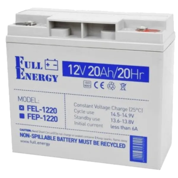 Аккумуляторная батарея свинцово-кислотная 20Ач 12В Full Energy FEL-1220 для блоков питания и охранных систем Аккумуляторная батарея свинцово-кислотная 20Ач 12В Full Energy FEL-1220 для блоков питания и охранных систем