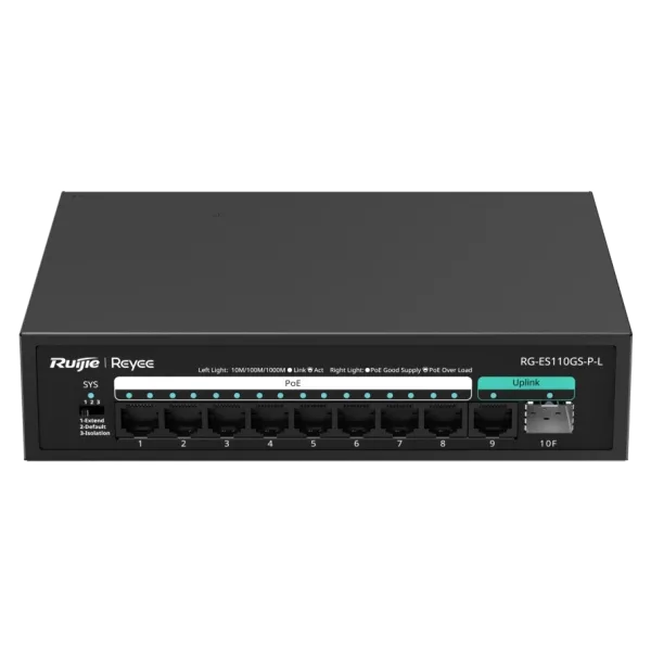 Коммутатор 10 портов неуправляемый RG-ES110GS-P-L PoE для организации сети с высокой пропускной способностью 20 Гбит/с и поддержкой рабочих температур до 45ºC Коммутатор 10 портов неуправляемый RG-ES110GS-P-L PoE для организации сети с высокой пропускной способностью 20 Гбит/с и поддержкой рабочих температур до 45ºC