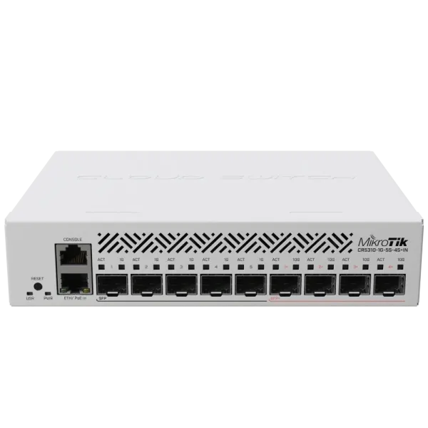 Комутатор 9 портів керований CRS310-1G-5S-4S+IN 10G SFP+ для організації мережі з високою продуктивністю та температурною стійкістю Комутатор 9 портів керований CRS310-1G-5S-4S+IN 10G SFP+ для організації мережі з високою продуктивністю та температурною стійкістю