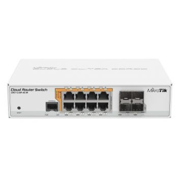 Комутатор 8 портів керований MikroTik CRS112-8P-4S-IN PoE для забезпечення живлення та передачі даних до мережевих пристроїв Комутатор 8 портів керований MikroTik CRS112-8P-4S-IN PoE для забезпечення живлення та передачі даних до мережевих пристроїв