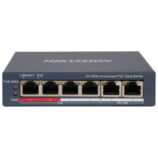Комутатор 4 порти некерований DS-3E0106P-E/M(B) POE для підключення IP камер та іншого обладнання з підтримкою PoE, бюджет 35 Вт, робоча температура 0º - +40ºC