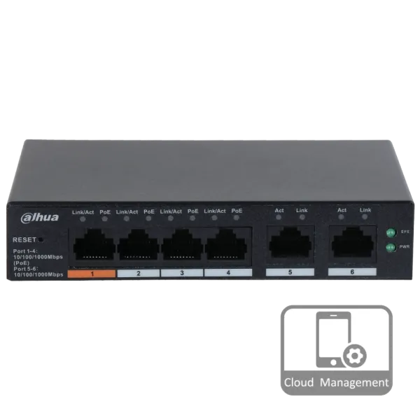 Керований комутатор 4 порти Dahua DH-CS4006-4GT-60 PoE для відеоспостереження з підтримкою PoE, 60 Вт, робоча температура -10º - +55ºC