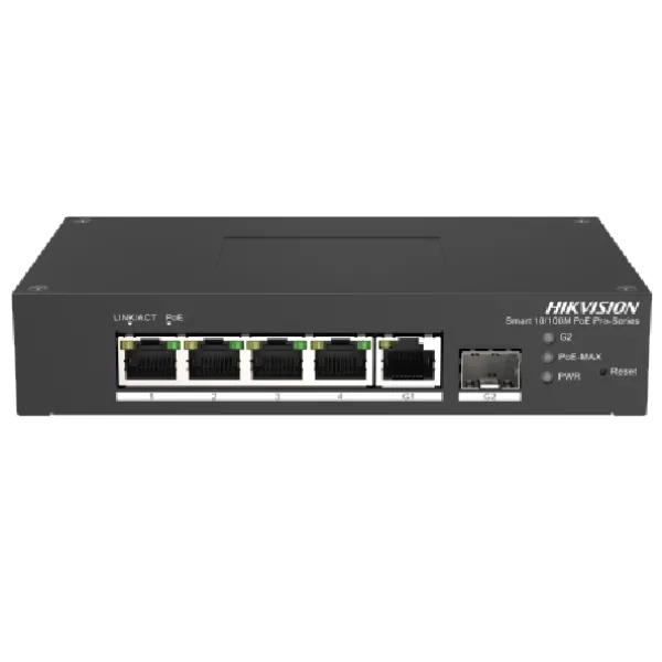 Комутатор 4 порти PoE керований DS-3T1306P-SI/HS для відеоспостереження, 4x RJ45, бюджет 60 Вт, робоча температура -30º - +65º, компактні розміри 158x101x32 мм