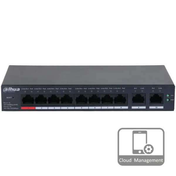 Комутатор 8 портів DH-CS4010-8ET-110 PoE для відеоспостереження з підтримкою IEEE802.3bt, бюджетом 110 Вт, 2x uplink 1000M, температура -10º - +55ºC Комутатор 8 портів DH-CS4010-8ET-110 PoE для відеоспостереження з підтримкою IEEE802.3bt, бюджетом 110 Вт, 2x uplink 1000M, температура -10º - +55ºC