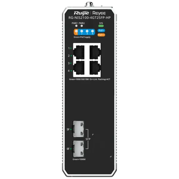 Комутатор 4 порти керований RG-NIS2100-4GT2SFP-HP PoE++ для локальних мереж з підтримкою PoE, температурний діапазон -40°C до +75°C Комутатор 4 порти керований RG-NIS2100-4GT2SFP-HP PoE++ для локальних мереж з підтримкою PoE, температурний діапазон -40°C до +75°C