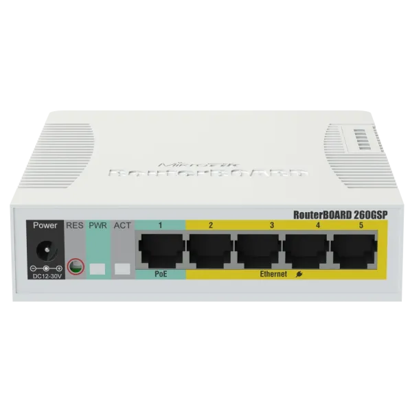 Комутатор 5 портів керований MikroTik RB260GSP CSS106-1G-4P-1S PoE для мережевого підключення з підтримкою Passive PoE та SFP слотом Комутатор 5 портів керований MikroTik RB260GSP CSS106-1G-4P-1S PoE для мережевого підключення з підтримкою Passive PoE та SFP слотом