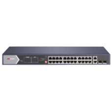 Комутатор 24 порти некерований DS-3E0528HP-E Hi-PoE для забезпечення живлення і підключення IP камер та інших PoE пристроїв, бюджет 370 Вт, температура роботи -10º до +55º